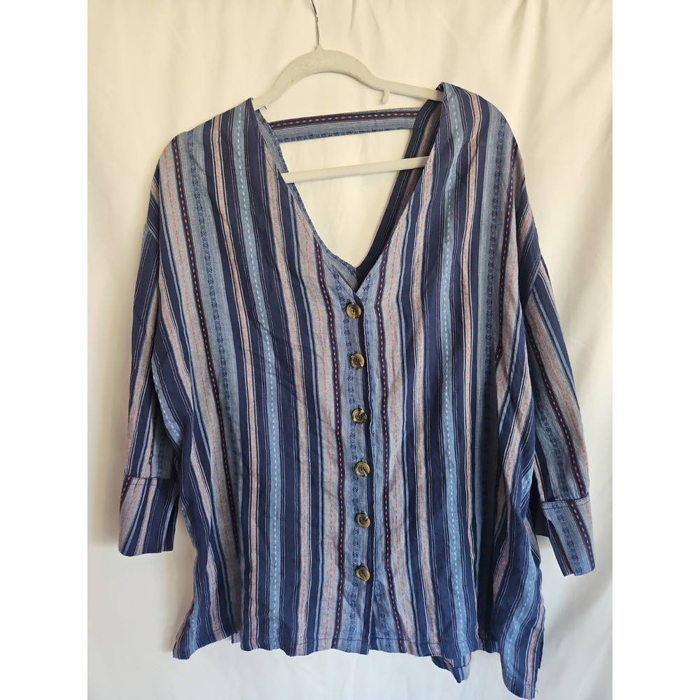 RD + Koko Blouse Women XL Blue Multicolor Excellent Striped V-Neck Cotton Top